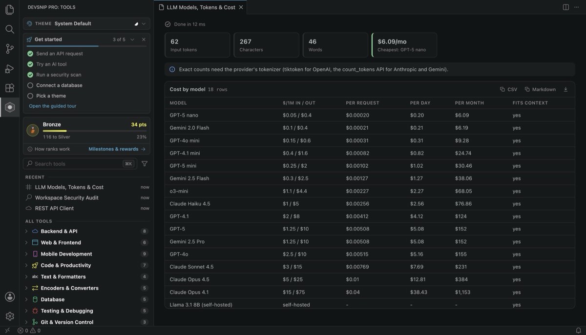 LLM token and cost estimate for one prompt across 18 chat models
