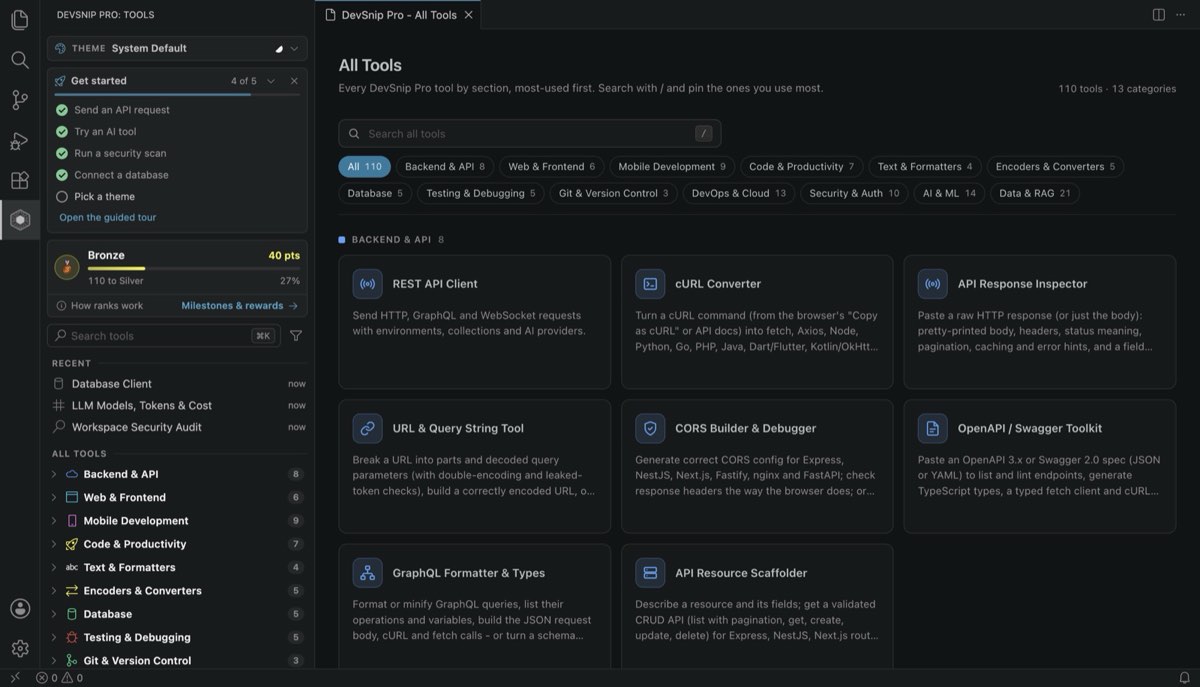 All DevSnip Pro tools in one searchable grid in VS Code, grouped into 13 sections