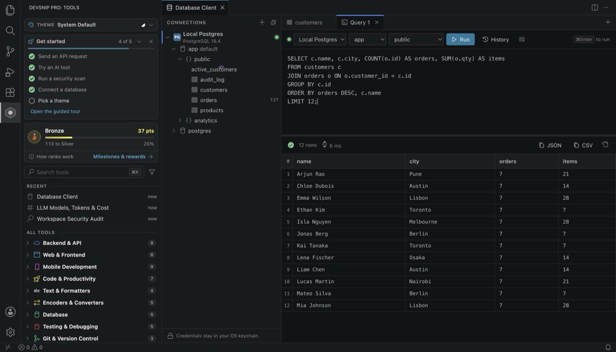 DevSnip Pro database query console in VS Code running a SQL join with results