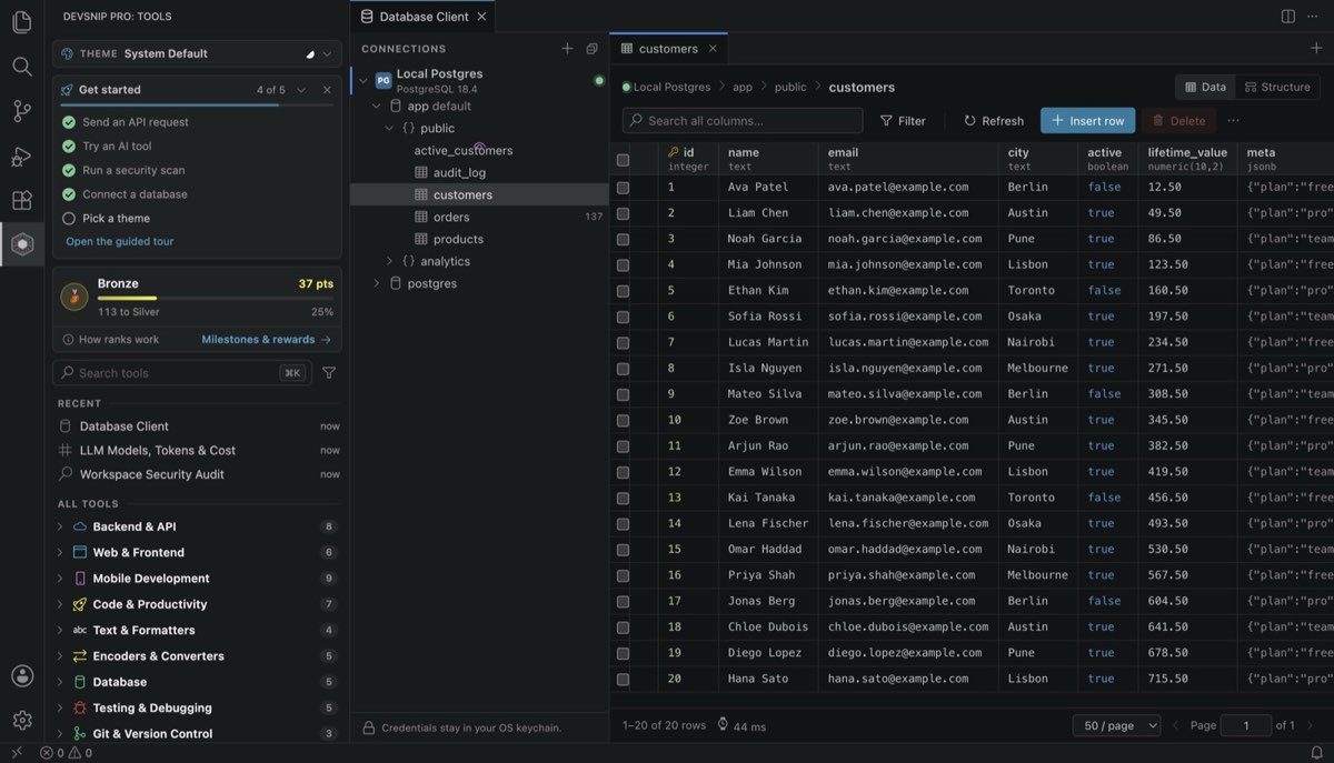 DevSnip Pro Database Client browsing a PostgreSQL table with pagination and filters