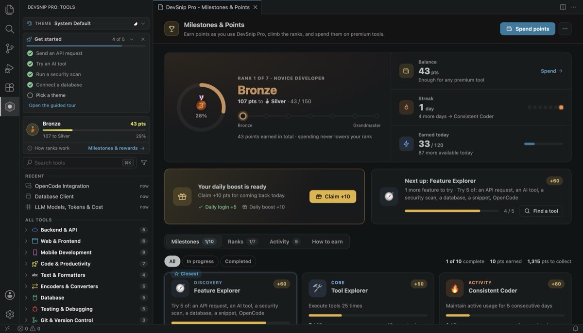 Milestones and points with rank, streak and daily boost