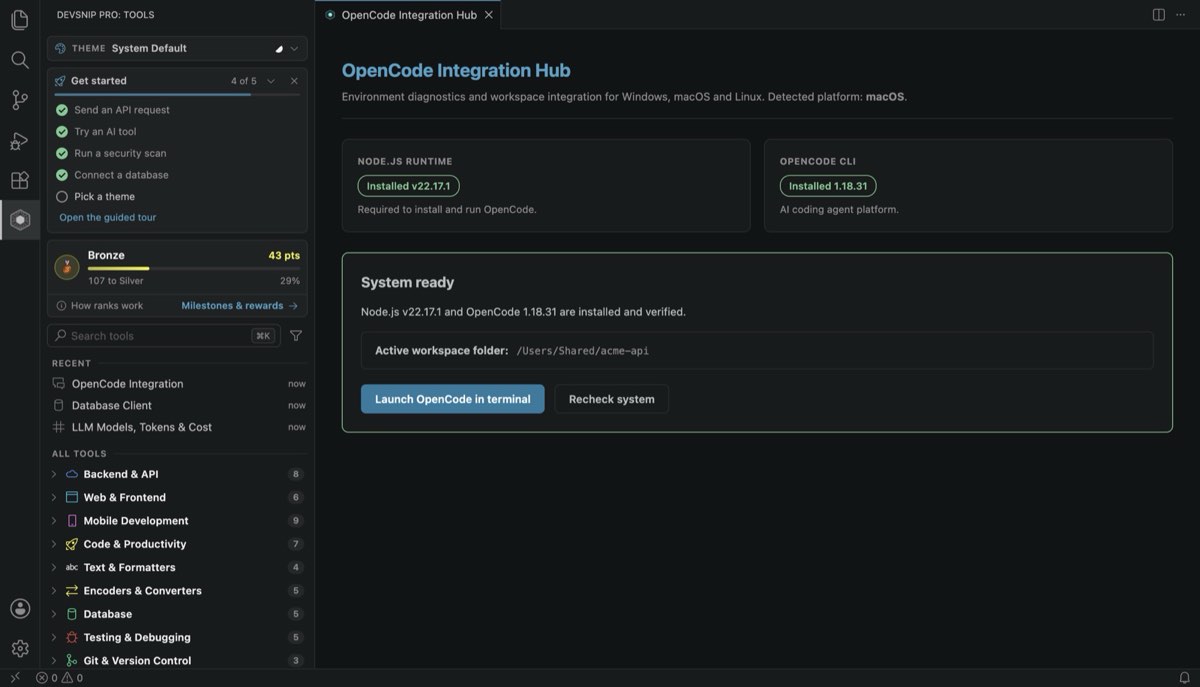 OpenCode Integration Hub showing Node.js and OpenCode installed