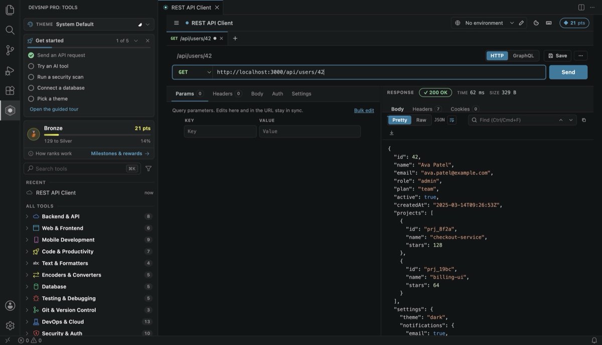DevSnip Pro REST API Client showing a GET request with a formatted JSON response
