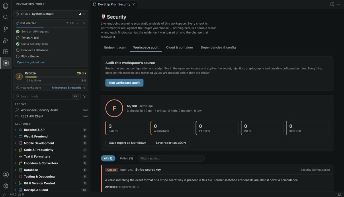 Workspace security audit finding a hard-coded API key with severity and fix